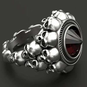 BIKER PUNK STACKED SKULLS PYRAMID RED STONE OXIDIZED SILVER RING 46